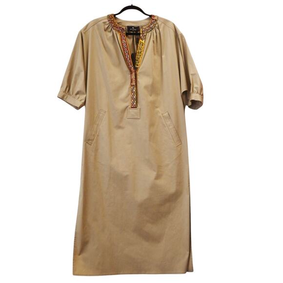 Etro Dresses & Skirts - Etro Milano Embroidered Neck Tan Cotton Blend Tunic Dress Size 42 Approx US 6